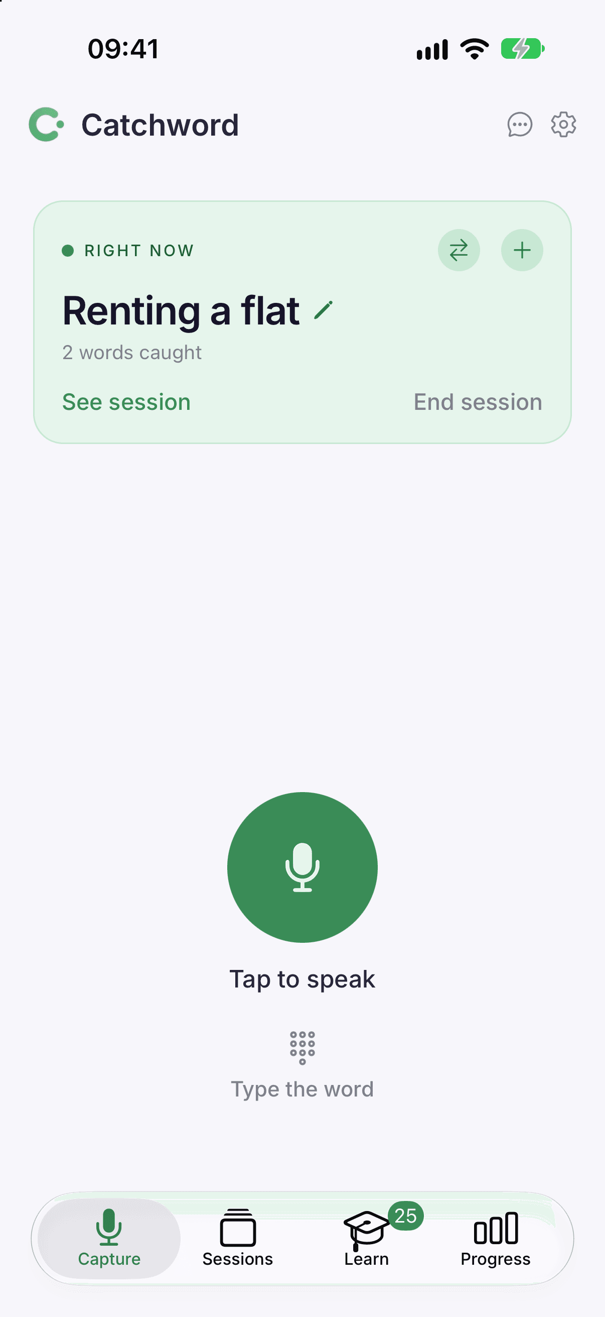 Catchword's Capture screen in the iPhone simulator: the active session at the top and a large microphone button reading 'Tap to speak'