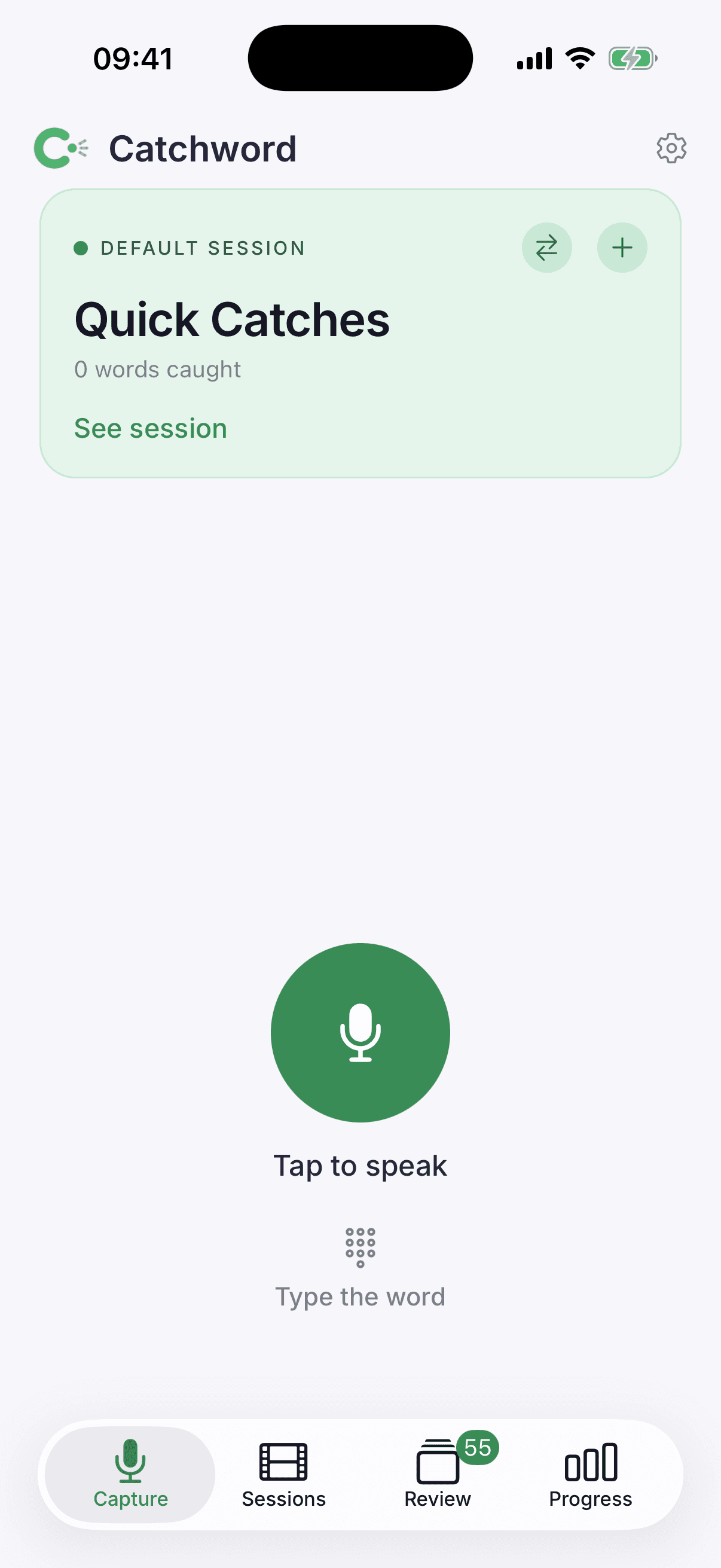 Catchword's Capture screen in the iPhone simulator: the active session at the top and a large microphone button reading 'Tap to speak'