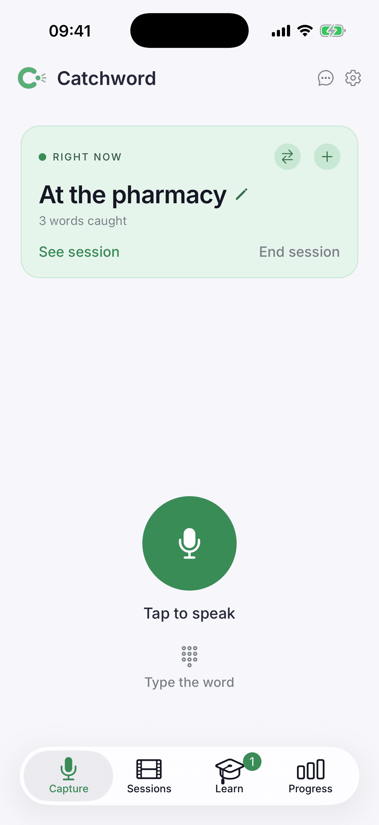 Catchword's Capture screen in the iPhone simulator: the active session at the top and a large microphone button reading 'Tap to speak'