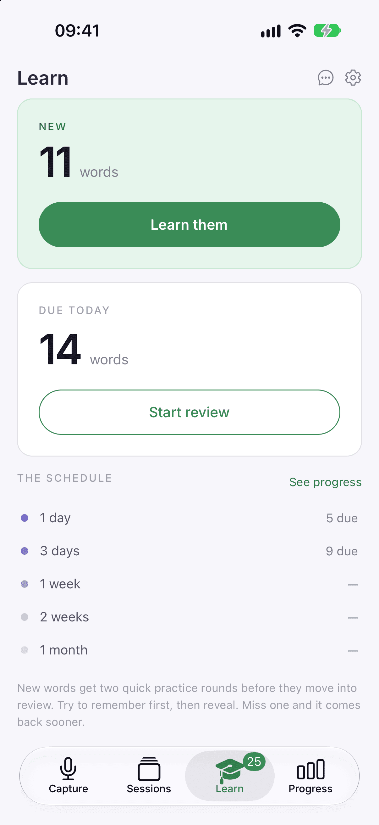 Catchword's Learn screen in the iPhone simulator: 34 new words and 66 due today above the one-day to one-month spacing schedule, with the note 'Recall first, then reveal'