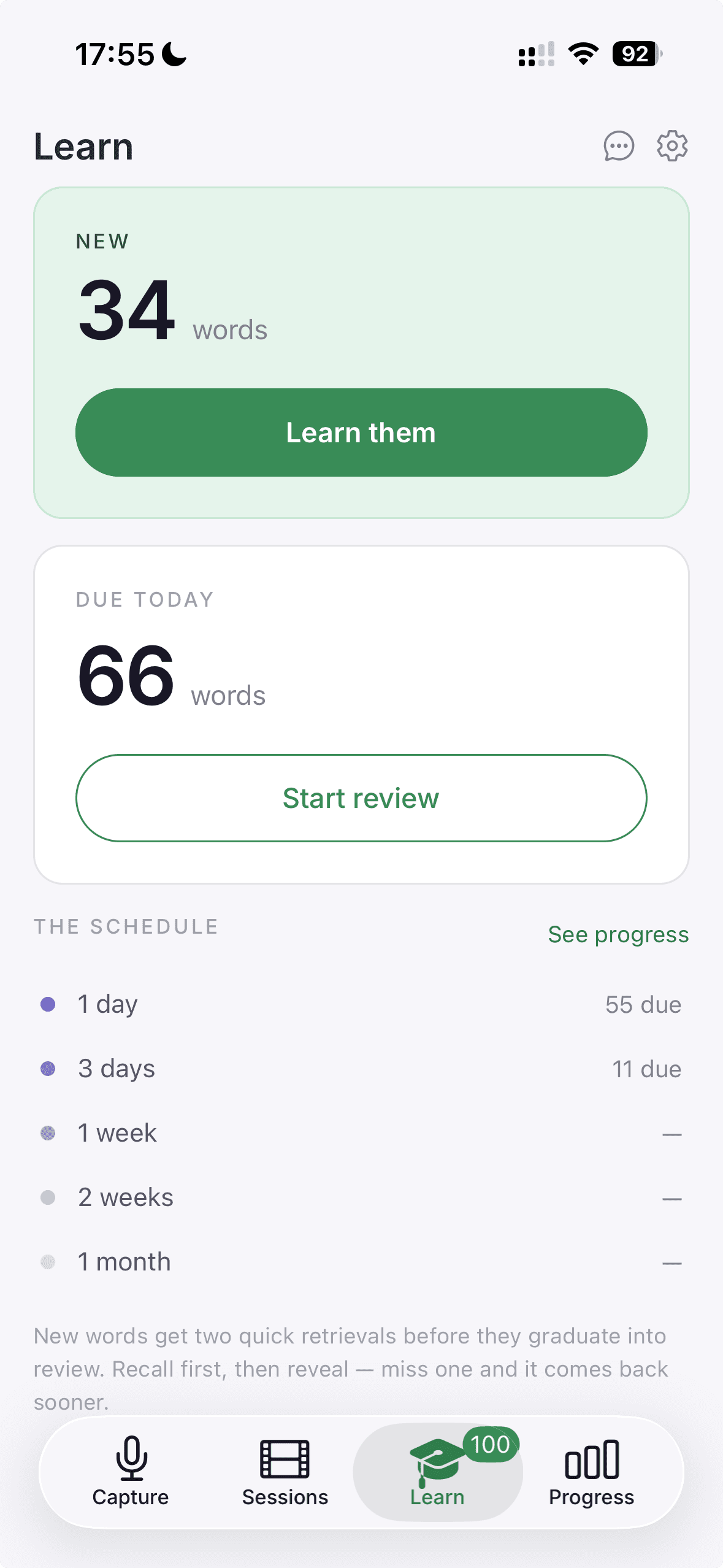 Catchword's Learn screen in the iPhone simulator: 34 new words and 66 due today above the one-day to one-month spacing schedule, with the note 'Recall first, then reveal'