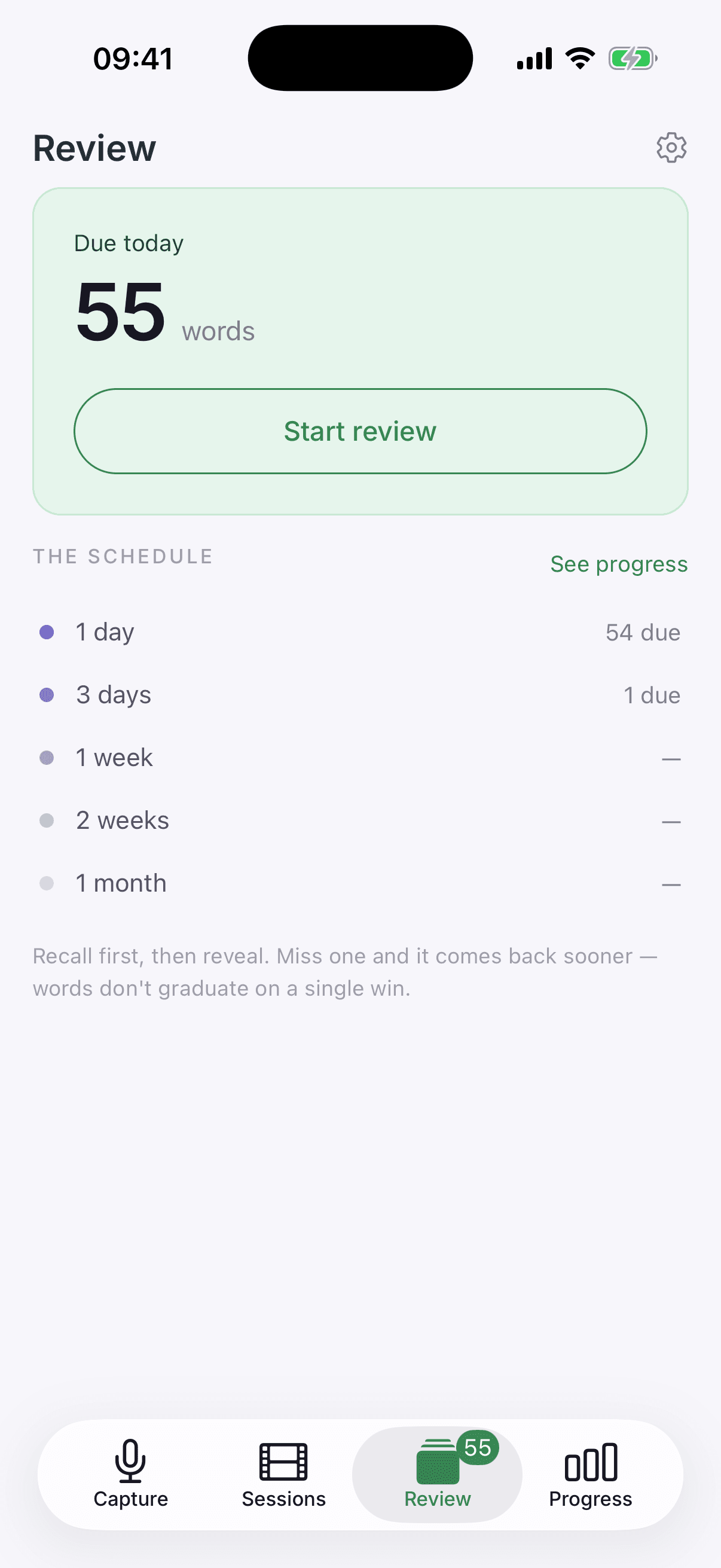 Catchword's Review screen in the iPhone simulator: 55 words due today above the one-day to one-month spacing schedule