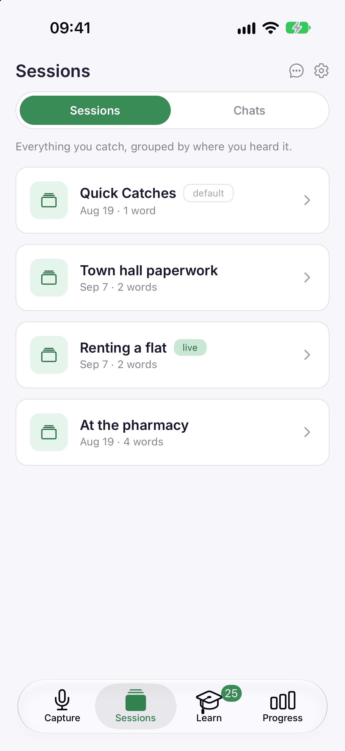 Catchword's Sessions screen in the iPhone simulator, listing a session per film — Dune: Part Two, Oppenheimer, Anatomy of a Fall, The Bear, Chernobyl, Past Lives — each with the date watched and the number of words caught