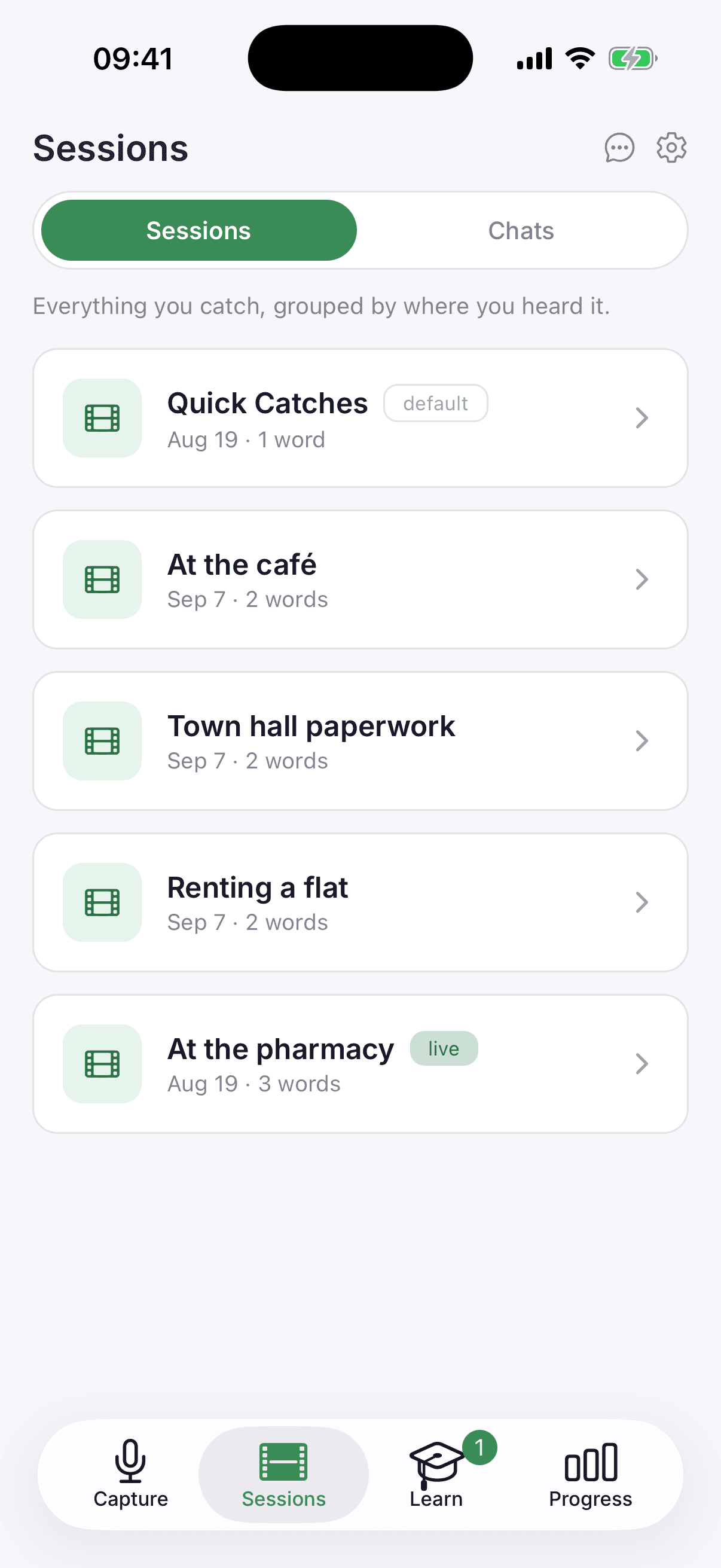 Catchword's Sessions screen in the iPhone simulator, listing a session per film — Dune: Part Two, Oppenheimer, Anatomy of a Fall, The Bear, Chernobyl, Past Lives — each with the date watched and the number of words caught