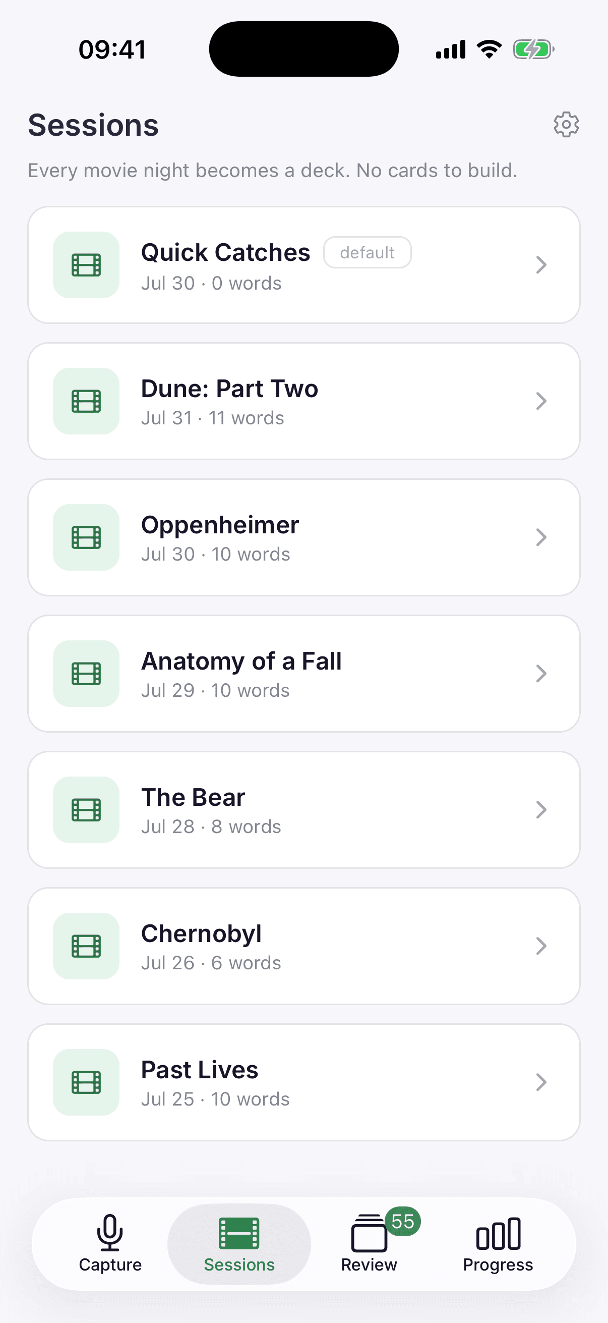 Catchword's Sessions screen in the iPhone simulator, listing a session per film — Dune: Part Two, Oppenheimer, Anatomy of a Fall, The Bear, Chernobyl, Past Lives — each with the date watched and the number of words caught